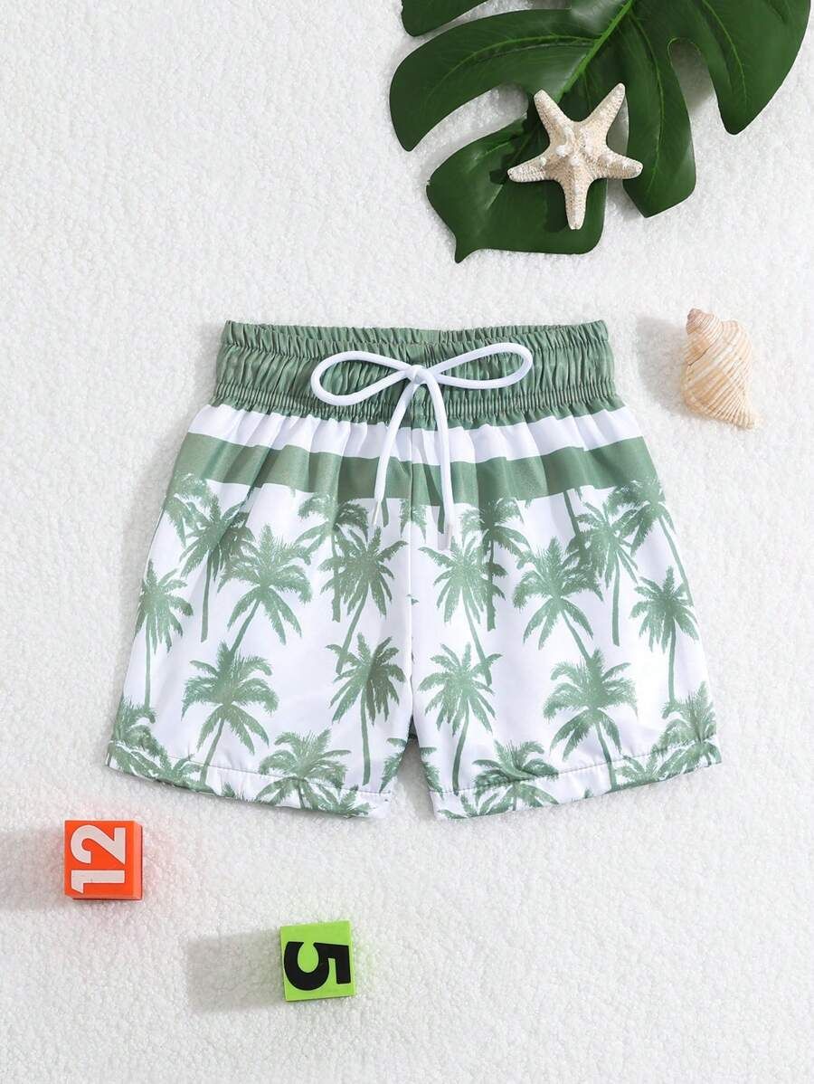 Baby Boy's Coconut Tree Pattern Printed Woven Fabric Beach Swim Trunks, Bathing Suit Summer Vacat... | SHEIN