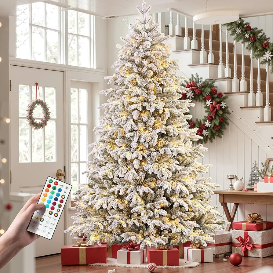 SHareconn 7.5ft Flocked Cedar Christmas Tree Prelit with Remote Control, RGB & Warm White Lights,... | Amazon (US)