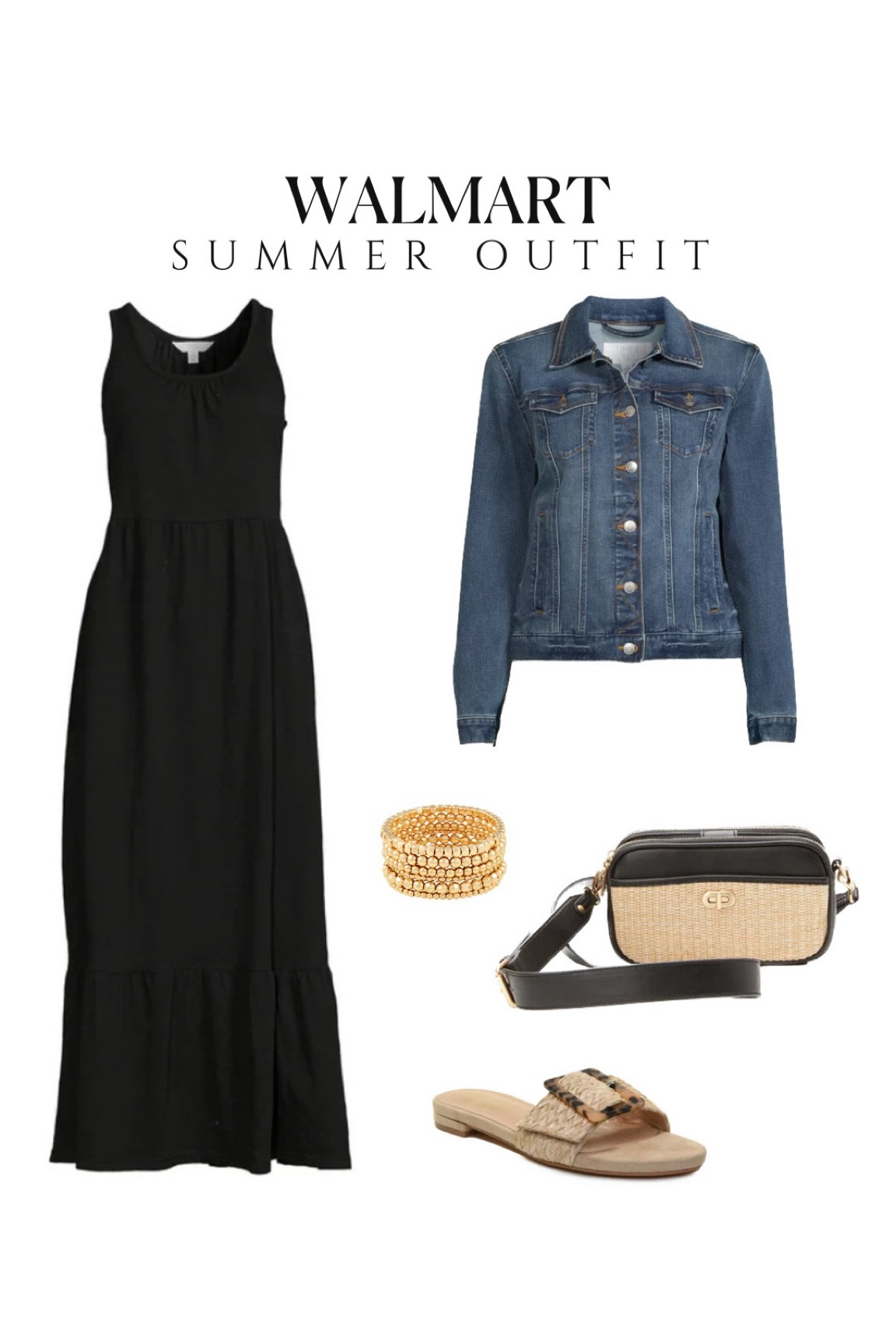 Walmart outfit idea! Ordered this under $20 black maxi dress a few days ago. I’ll report back soon! 

Summer outfits, black dress, maxi dresses, casual outfit time and tru scoop free assembly gold bracelets raffia slides buckle slide sandals denim jacket #walmartpartner #walmartfashion @walmartfashion Walmart finds 

#LTKsalealert #LTKunder50 #LTKstyletip