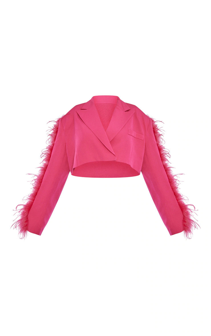 Bright Pink Feather Trim Cropped Boxy Blazer | PrettyLittleThing US