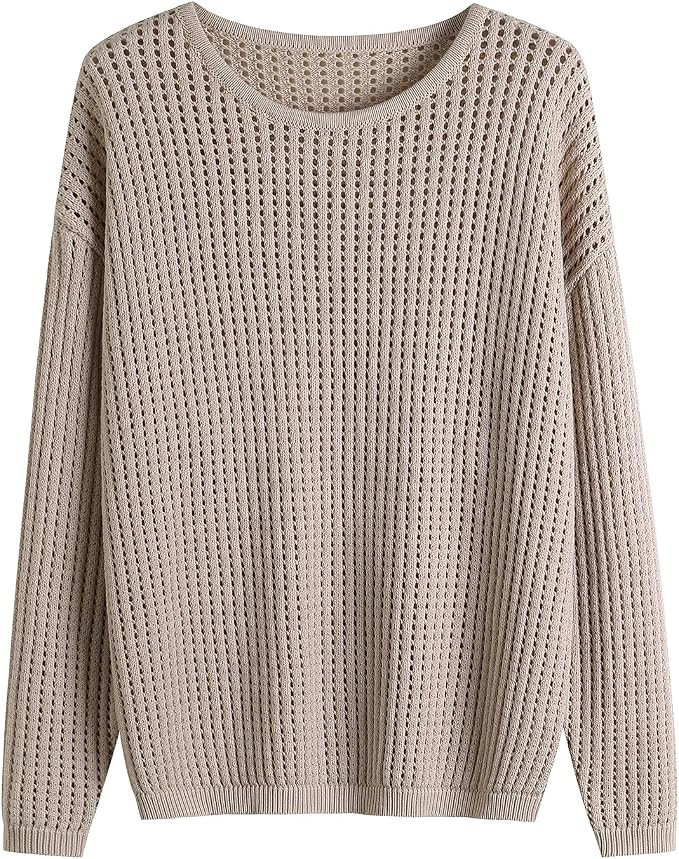 Women's Openwork Knit Crew Neck Pullover Sweater Soft Basic Loose Long Sleeve Casual Wear Trendy ... | Amazon (US)