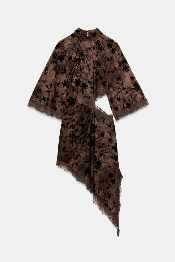 Zara - Flocked Mini Dress With Slit - Dark Brown - S - Woman | Zara US