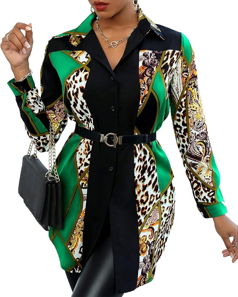 Women's Shirt Dresses Button Down Colorful Blouses Long Sleeve Floral Print Tops Loose Collar Sex... | Amazon (US)