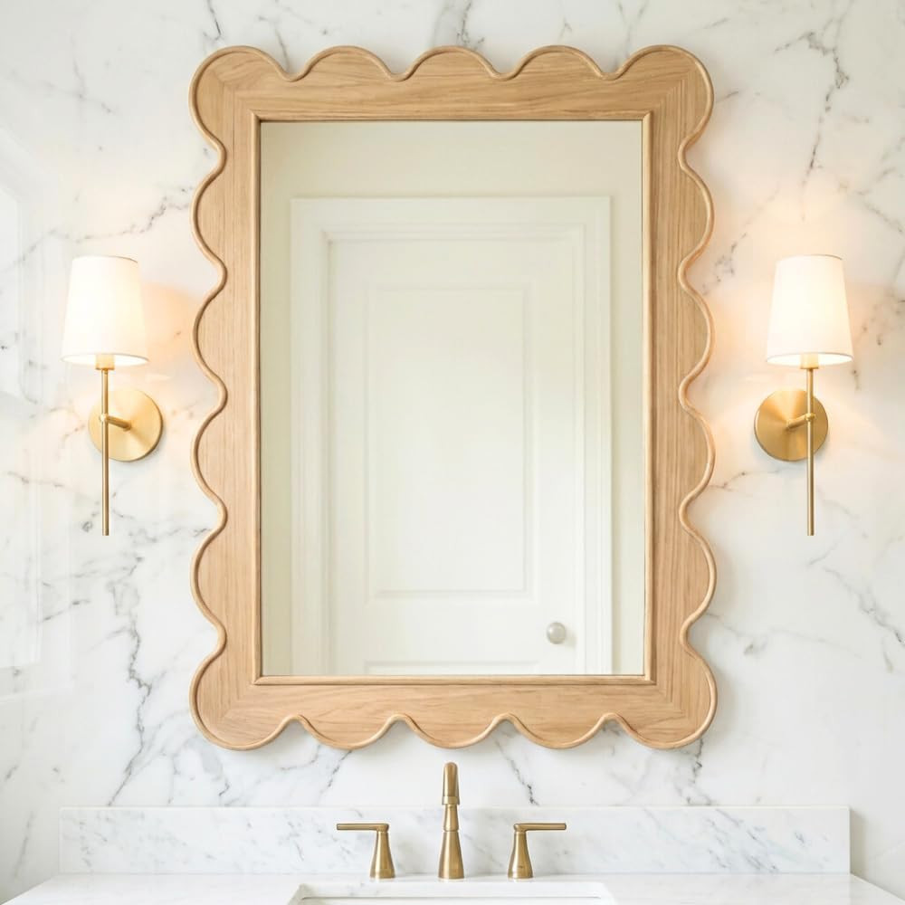 CAALMA Scalloped Wall Mirror 24 x 36 Rectangular, Bathroom Mirror, Mirrors for Wall Decor, Wooden Frame Mirrors for Wall, Decorative Vanity Mirror, Nursery Decor, Entryway Mirror, Wall Mounted Mirror | Amazon (US)