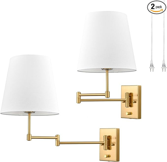 HYDELITE Gold Swing Arm Wall Lamp Brass Wall Sconces with Linen Shade | Plug-in or Hardwired Wall... | Amazon (US)