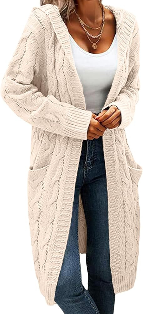 Hooded Open Front Cardigan for Women Cable Knit Sweaters Chunky Pocketed Oversized Knee Length Lo... | Amazon (US)