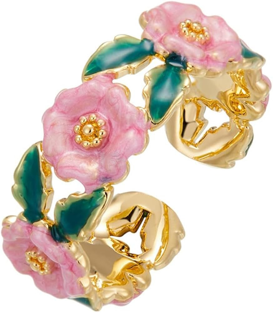 Kokoma Camellia Flower Open Statement Ring for Women Green Leaf Pink Enamel Daisy Stacking Rings ... | Amazon (US)