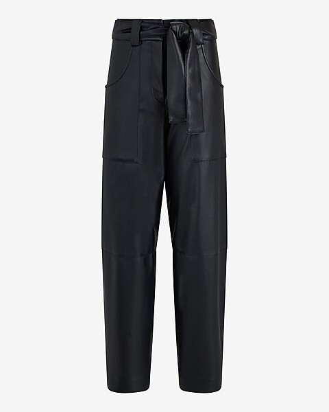 High Waisted Faux Leather Belted Utility Ankle Pant | Express