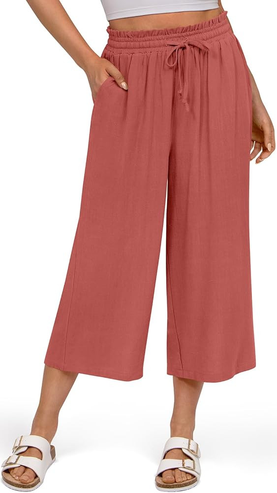 UEU Womens Linen Pants Summer Wide Leg Casual Loose High Waist Drawstring Palazzo Capri with Pock... | Amazon (US)