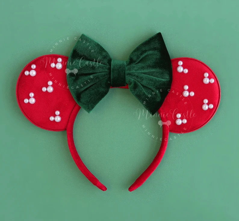 Christmas Mouse Ears: Pearl Mickey Design, Red Suede, Velvet Bow by Minnie Castle - Etsy | Etsy (US)