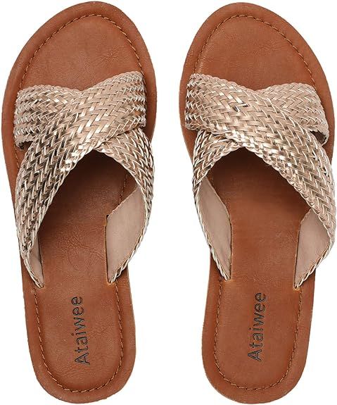 Ataiwee Womens Wide Slide Sandals - Cross Strap Open Toe Double Bands Flat Beach Summer Shoes. | Amazon (US)