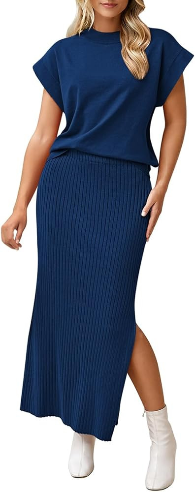 Pink Queen Women's 2 Piece Sweater Outfits Set Summer Cap Sleeve Tops Bodycon Maxi Long Skirt Kni... | Amazon (US)
