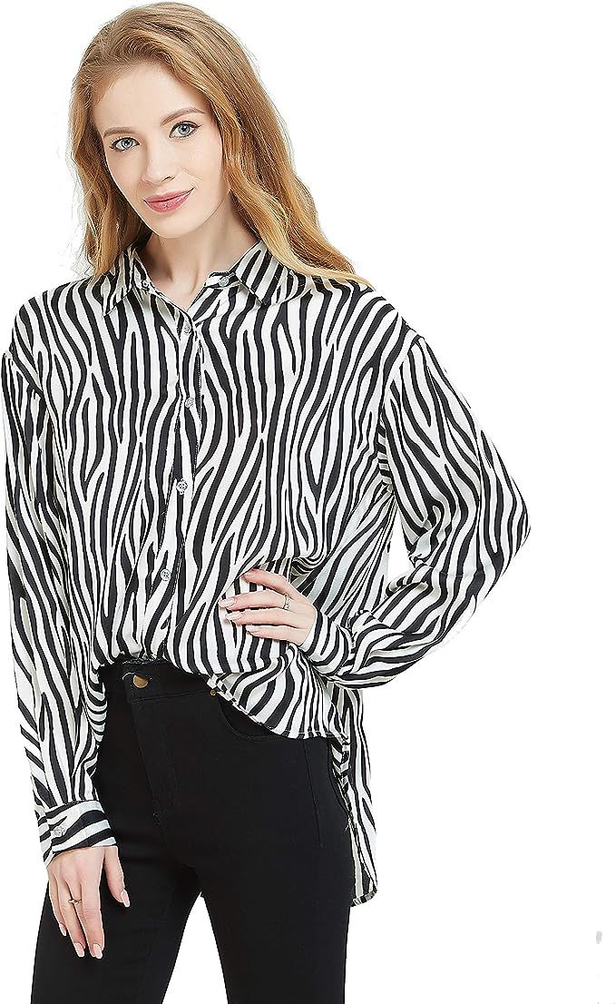 Tronjori Womens Oversized Long Sleeve Button Down Leopard Snake Zebra Animal Print Shirt Blouse | Amazon (US)