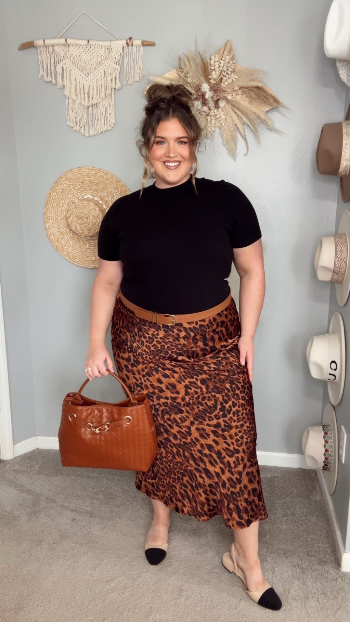 Loving this satin leopard print skirt for fall. The brown bag and belt and black top combo are so cute and make the skirt stand out. This outfit is affordable, comfy and curvy girl approved. 

Fall workwear outfit inspo, plus size office outfits inspo, leopard print outfit inspo

#LTKPlusSize #LTKStyleTip #LTKSeasonal