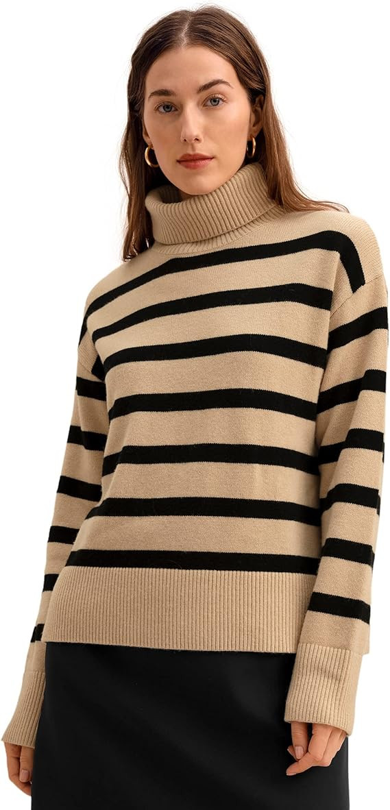 LilySilk Oversized Sweater for Women 100% Merino Wool with Stripes & Turtleneck Pullover Sweatshi... | Amazon (US)