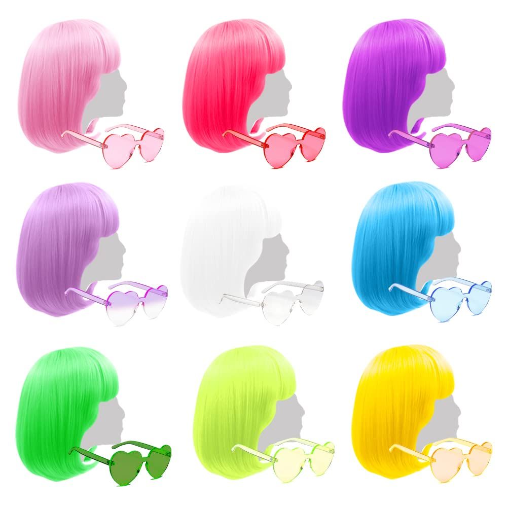 LIULIUBTY 9 Pieces Colorful Bob Wig, 12" Straight with Flat Bangs, Bubble Gum Series Colored Part... | Amazon (US)