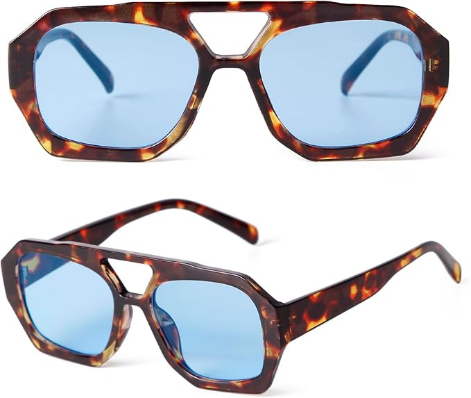 SDINM Trendy Designer Hexagon Aviator Sunglasses for Women Men Retro 70s Square Thick Frame Sun G... | Amazon (US)