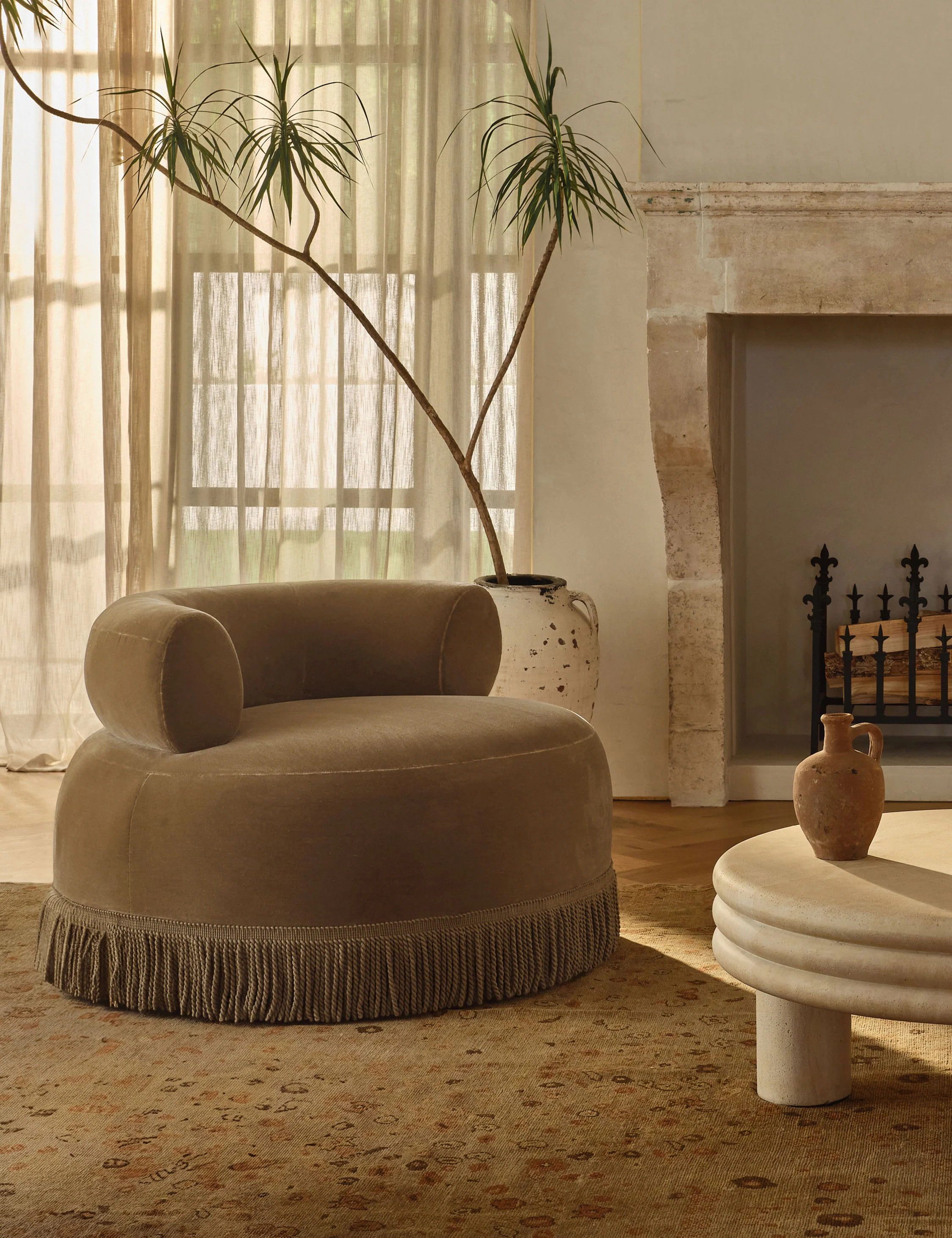 Lenny Swivel Chair by Button Atelier x Co.House Designs, Camel Faux Mohair | Lulu and Georgia 