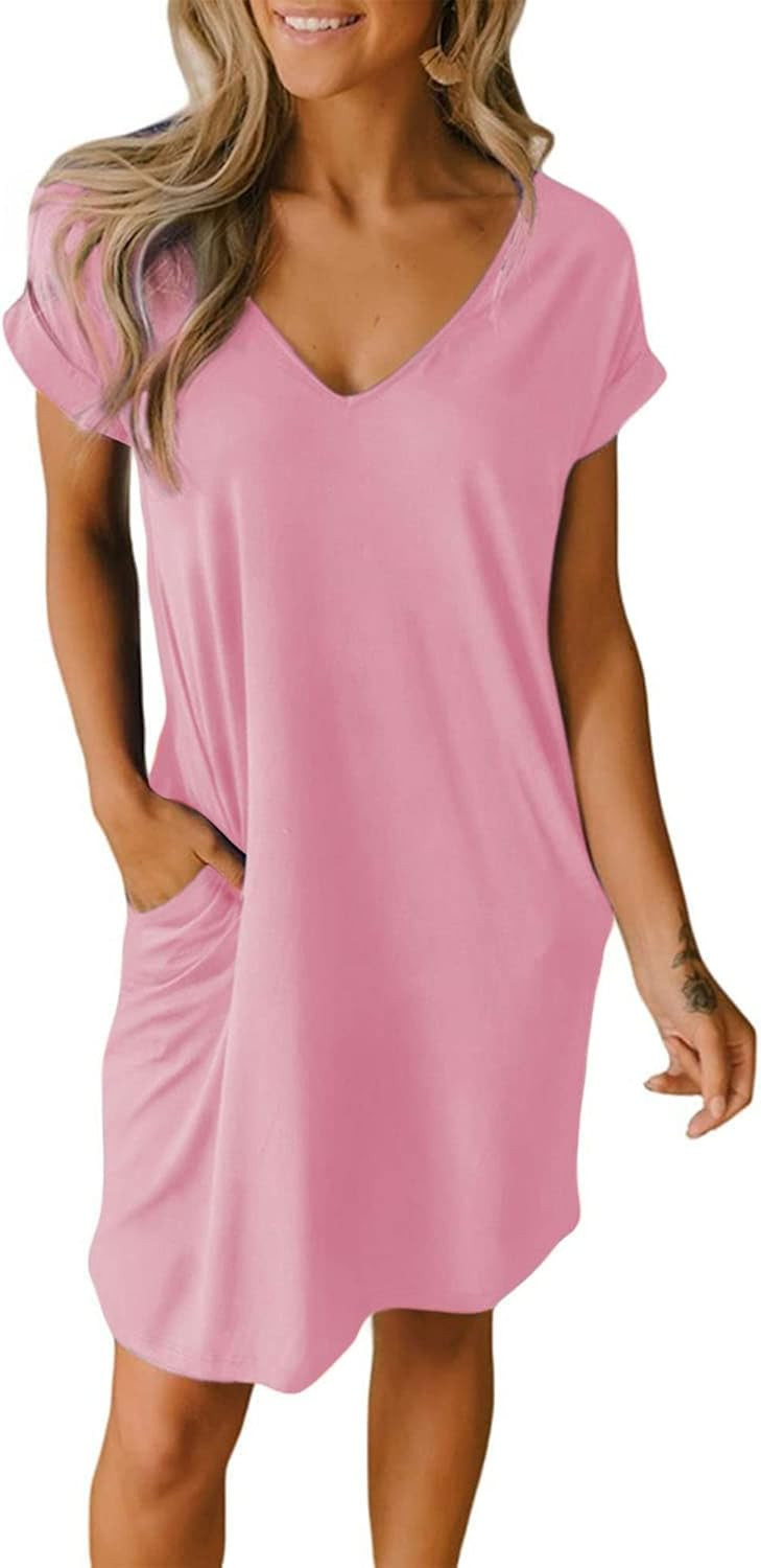 BTFBM Women V-Neck Short Sleeve Summer Dresses 2023 Spring Casual Loose T-Shirt Tunic Short Dress... | Amazon (US)