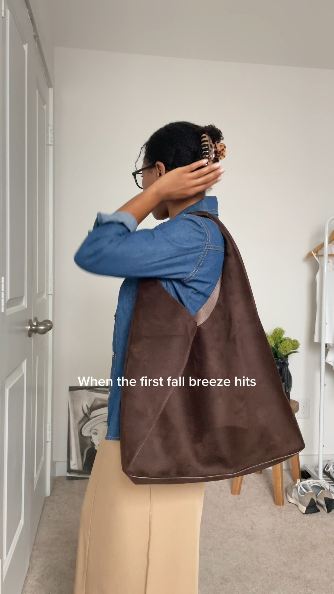 fall outfit, brown skirt, suede bag, beige tortoise claw clip, denim shirt, fall style

#LTKSeasonal #LTKStyleTip #LTKFallSale