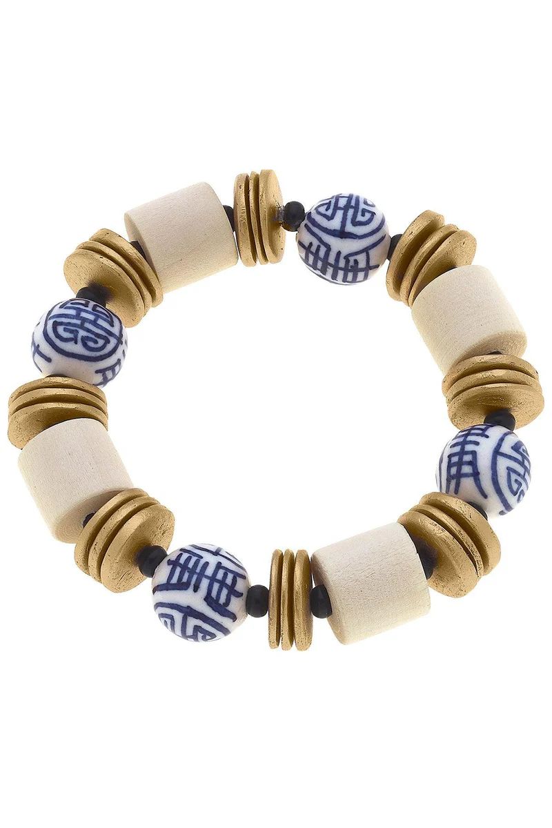 Lorelei Blue & White Chinoiserie & Painted Wood Stretch Bracelet in Iv | CANVAS