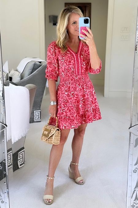 Hot pink and red three-quarter sleeve, mini dress with lace medallion detailing
Run true to size 
I’m 5’2” tall and wearing XS 
It is available  XS-XXXL
UNDER $100
Perfect, for, Graduation, wedding, shower, date night and any spring event

#LTKstyletip #LTKover40 

#LTKStyleTip #LTKSeasonal #LTKOver40