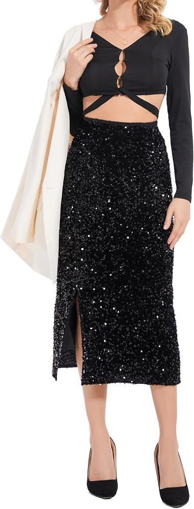 Women’s Sequin Velvet Skirt Elastic High Waist Sparkle Split Hem Night Out Party Maxi Skirt | Amazon (US)