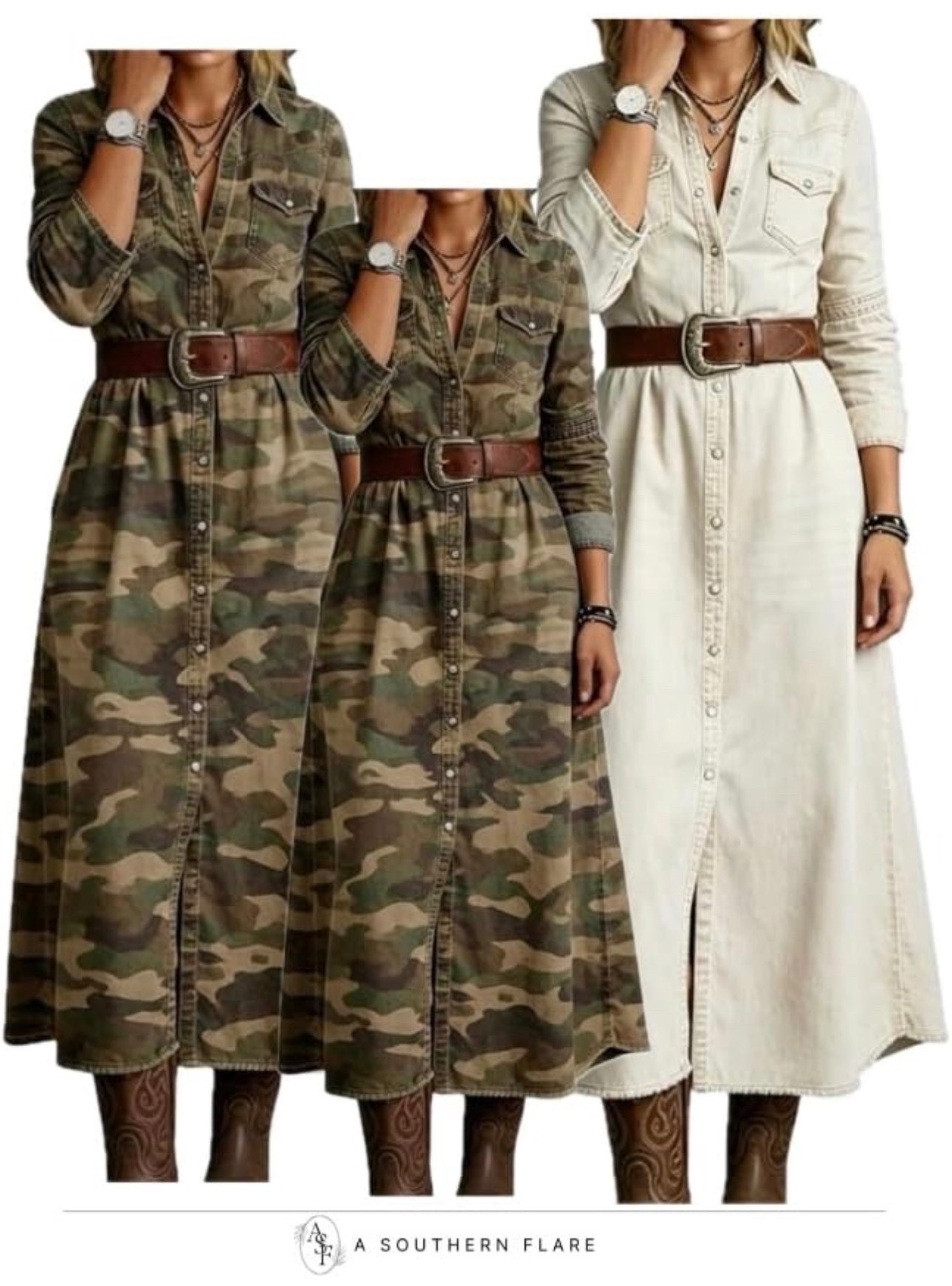 stylish denim button-down dresses and chic boots! Perfect for a casual yet trendy look. #FashionFavorites #DenimDresses