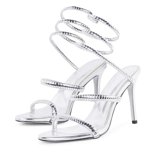 perixir Silver Spiral Heeled Sandals for Women Silvery Sparkly Stiletto Heels with Sexy Ankle Wrap Around 4.17" High Heel Open Toe Metallic Prom Slingback Sandal Snake Wrap 2025 Club Shoes Size 7.5 | Amazon (US)