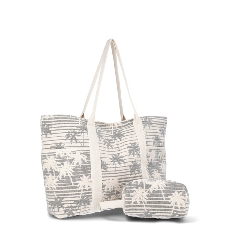 Time and Tru Women's Pocket Tote Handbag and Matching Pouch, Black and White Palm | Walmart (US)