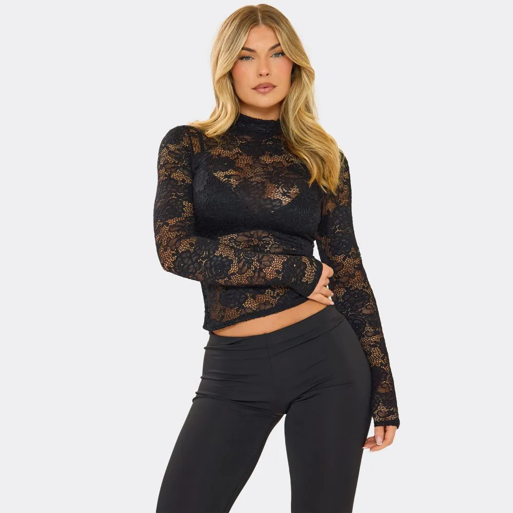 Long Sleeve High Neck Long Top In Black Lace | EGO (UK)
