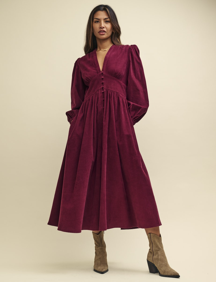 Burgundy Cord Long Sleeve Starlight Midaxi Dress | Nobody's Child