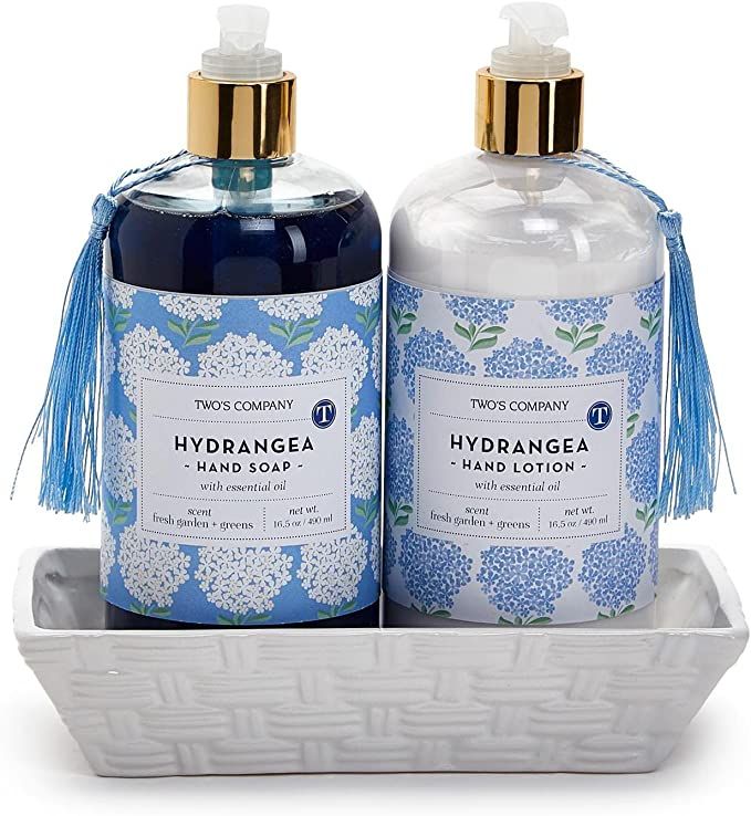 Two's Company Hydrangea Fresh Garden & Greens Scented Soap & Lotion Set in Ceramic Tray | Amazon (US)