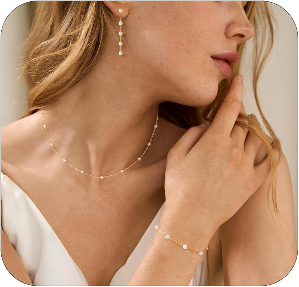Gold Jewelry Set for Women, Dainty 14K Gold/Silver Plated Pearl Necklace and Earring Set with Dro... | Amazon (US)