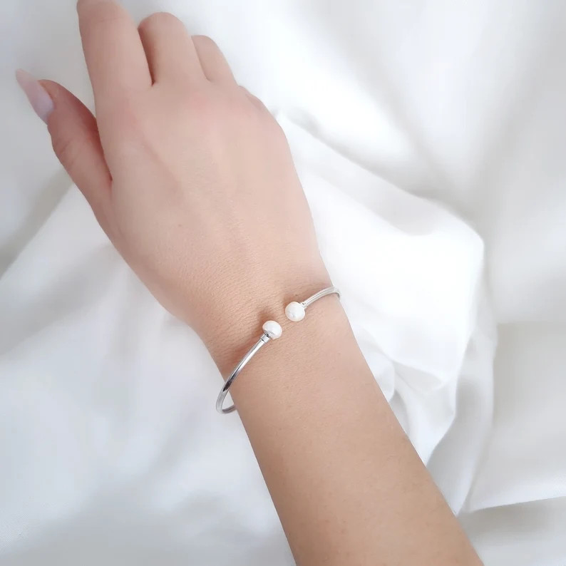 Sterling Silver Pearl Bangle Bracelet: Minimalist Chic Open Cuff | Etsy (Global)