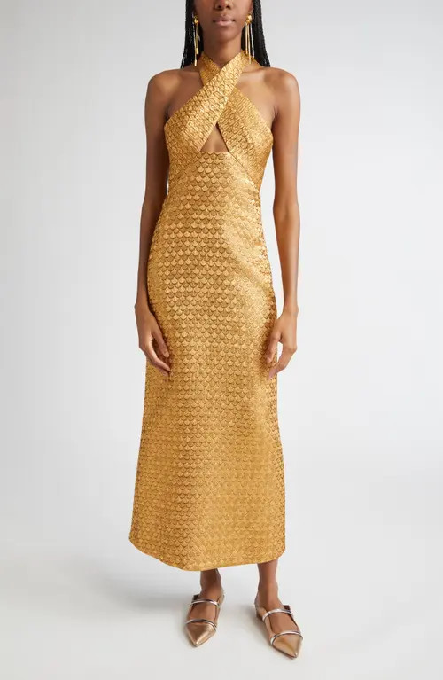 Johanna Ortiz Elegant Expedition Halter Gown in Gold at Nordstrom, Size 10 | Nordstrom