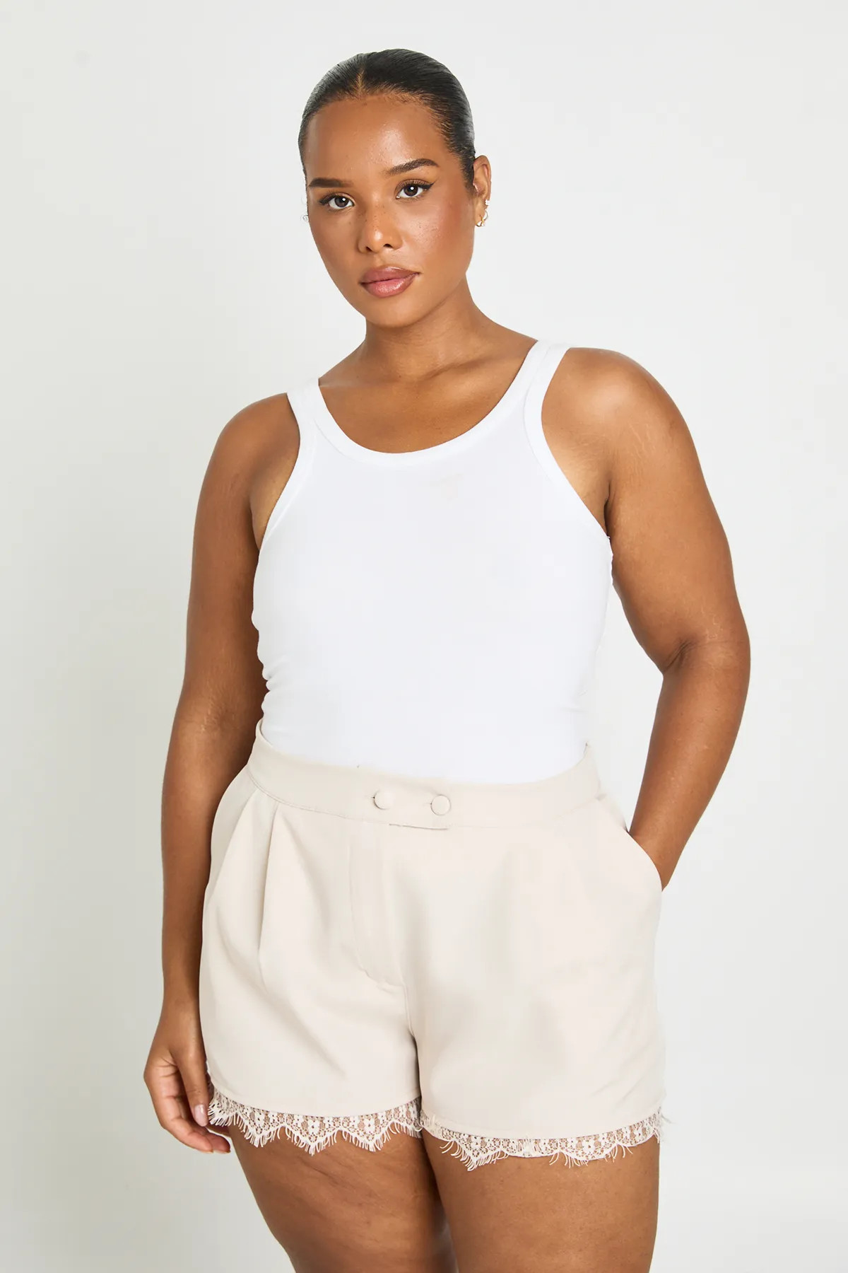 Ivory Plus Lace Trim Tailored Short | Boohoo | Boohoo.com (UK & IE)