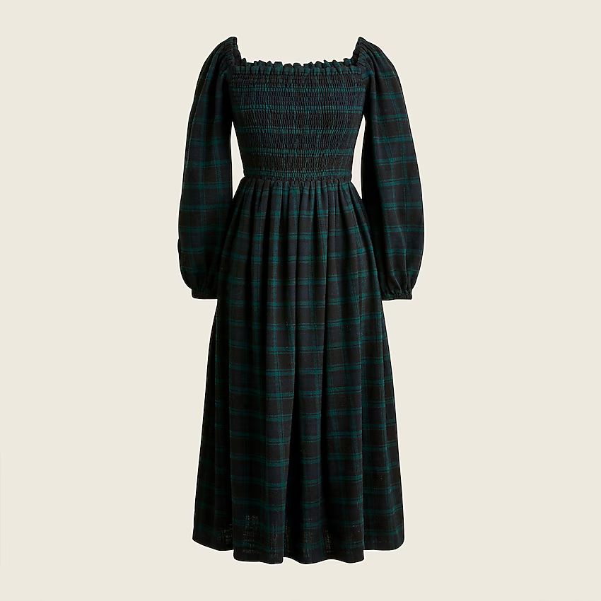 Smocked puff-sleeve dress in Black Watch tartan flannel | J.Crew US