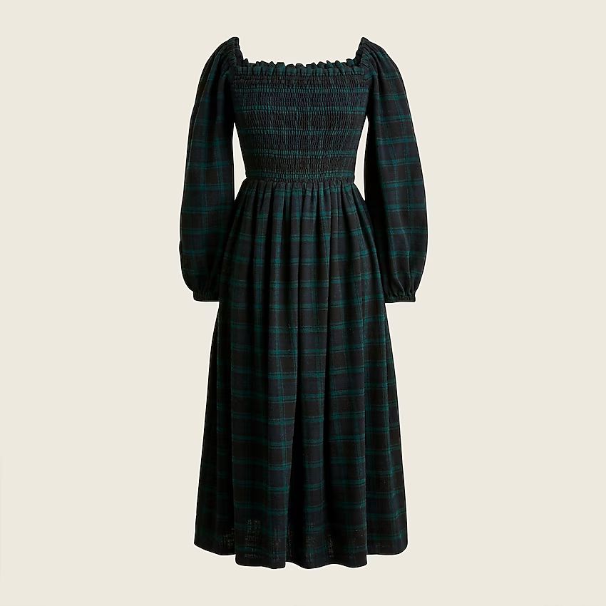 Smocked puff-sleeve dress in Black Watch tartan flannel | J.Crew US