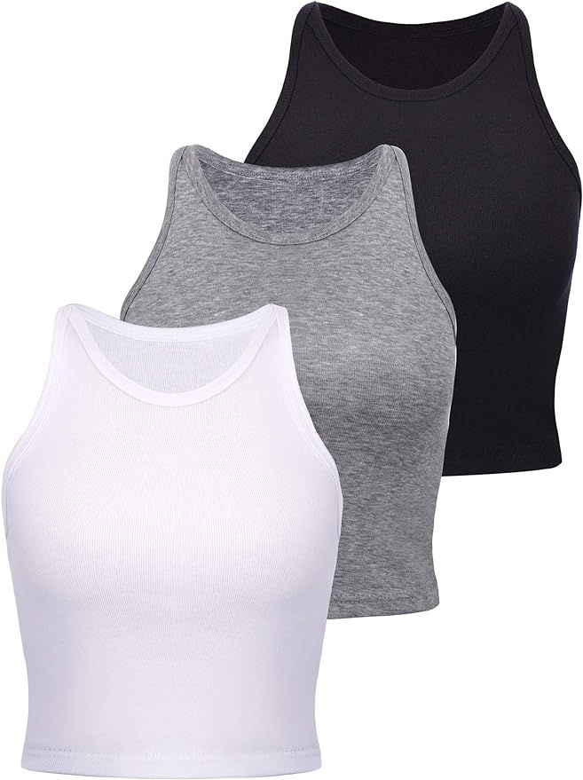 3 Pieces Women's Cotton Basic Sleeveless Racerback Crop Tank Top Sports Crop Top for Lady Girls D... | Amazon (US)