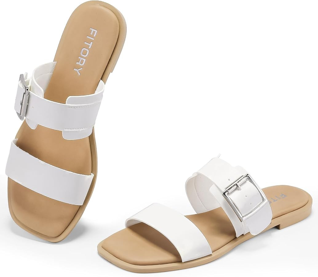FITORY Women's Flat Sandals Fashion Square Open Toe Adjustable Buckles Double Strap Slippers Summ... | Amazon (US)