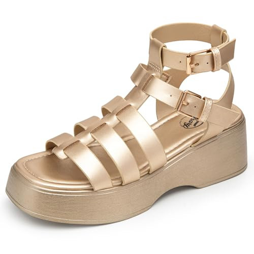Trary Gold Platform Sandals, Gold Chunky Sandals, Gold Gladiator Flatform Sandals, Size 5 | Amazon (US)