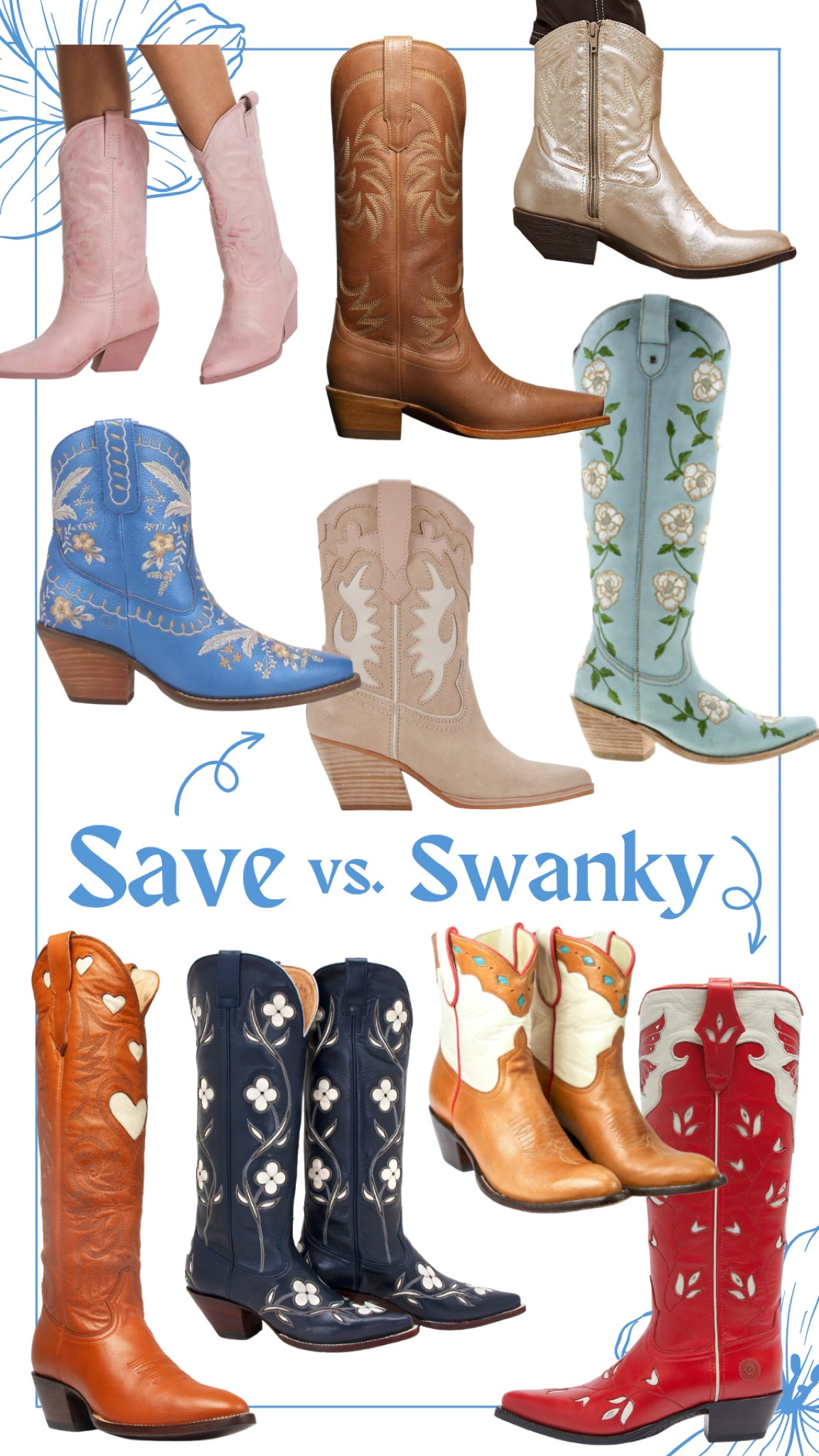 Cowboy boots - save vs splurge 

Tall cowboy boots, metallic cowboy boots, pink boots, floral cowboy boots

Cavenders, dolce vita, free people & more 

#LTKSeasonal #LTKshoecrush