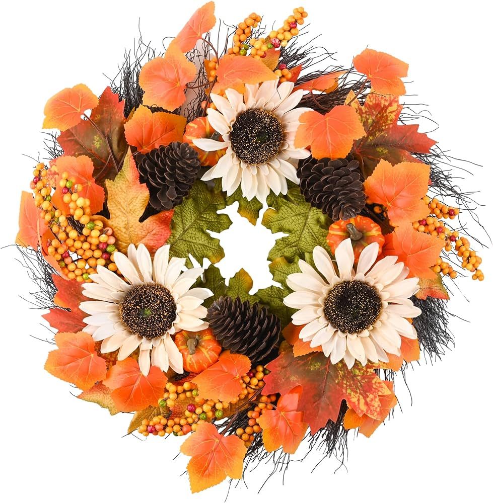 Fall Wreath for Front Door - 20" Autumn Maples Leaf Pumpkin Sunflower Wreath - Thanksgiving Hallo... | Amazon (US)