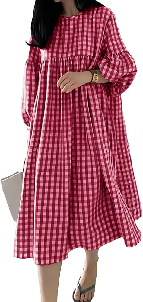 chouyatou Women's Loose Fit Retro Plaid Dress Lantern Puff Sleeve Gingham Swing Midi Long Tunic S... | Amazon (US)