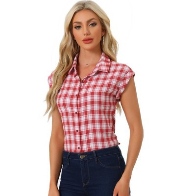 INSPIRE CHIC Women's Summer Plaid Short Sleeves Western Button Down Shirt X-Small Red Plaid | Target