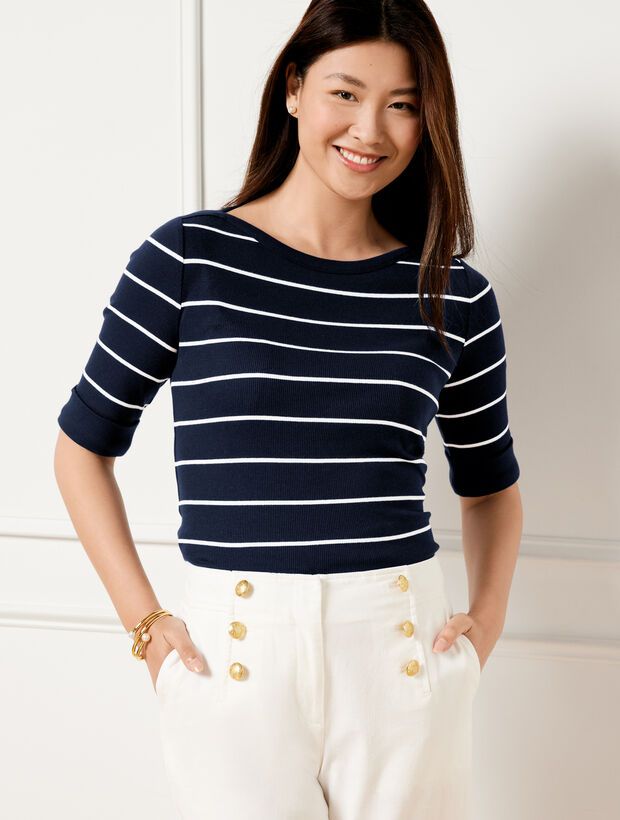 Elbow Sleeve Ribbed Top - Lagoon Stripe | Talbots