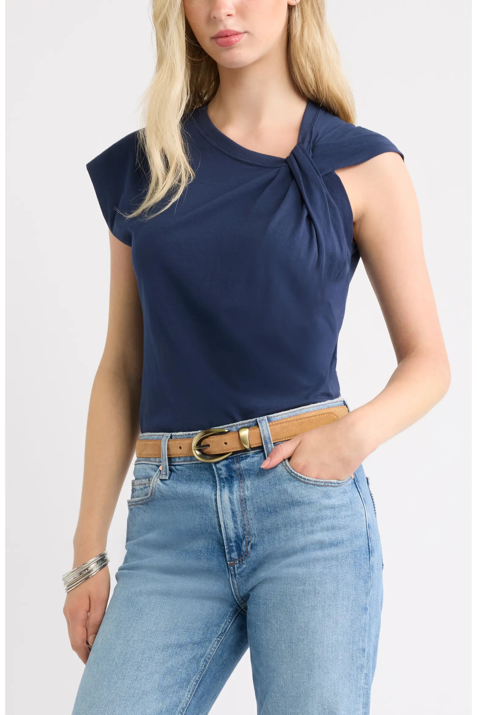 Treasure & Bond Twist Neck Asymmetric Sleeve Cotton Top (Women) | Nordstrom | Nordstrom