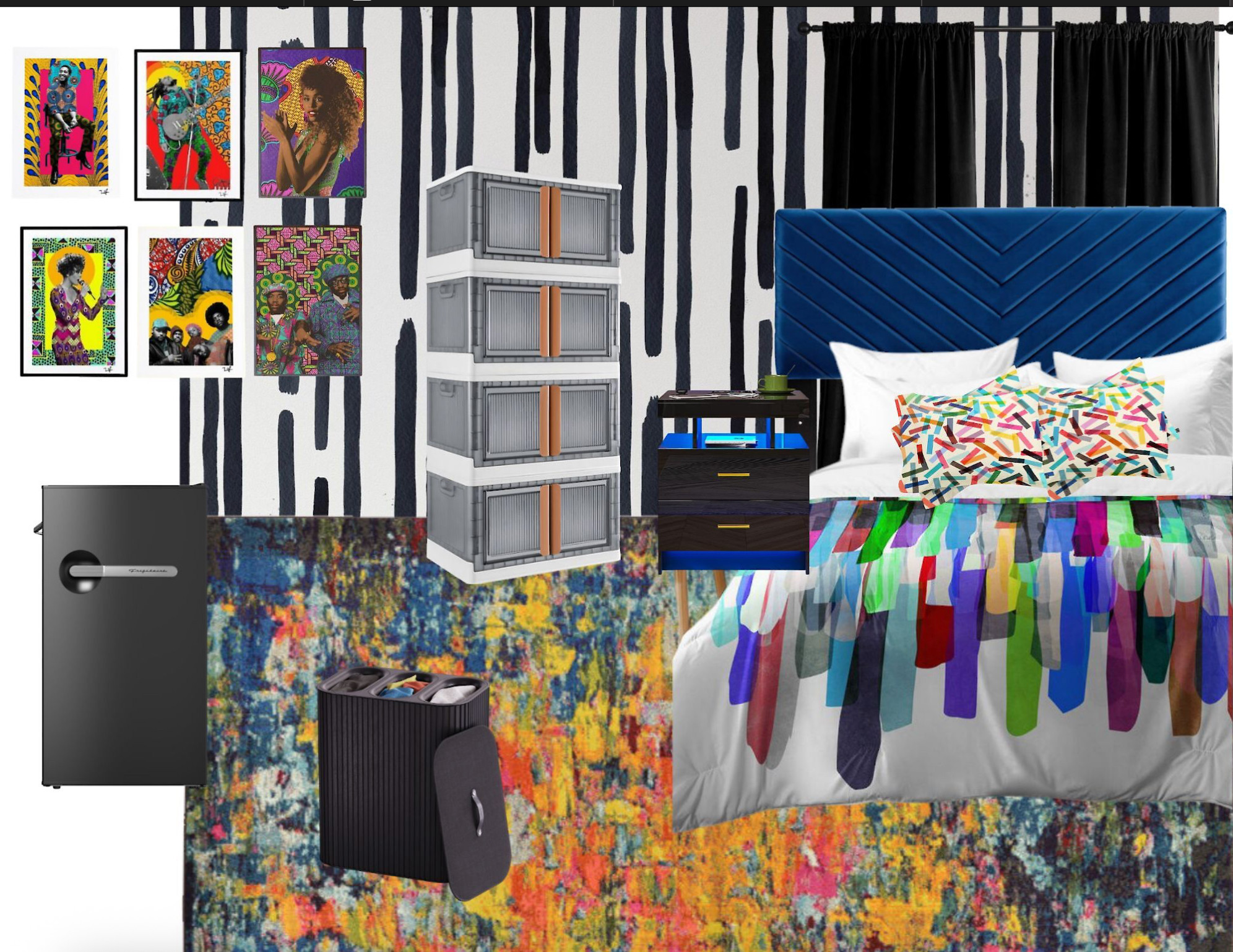 his one’s for the trendsetter who walks to class like it’s a runway and turns dorm life into high design. 🎨🖤✨ Street Smart & Studio Fresh takes monochrome cool and adds an artistic twist with brushstroke wallpaper, high-contrast bedding, and bursts of primary color energy.

That bed? It’s giving minimalist streetwear.
That art? Straight from a gallery wall.
That whole room? Smart, sleek, and never basic.

This is where high-low design meets creative hustle. Think dorm room, but with the energy of a downtown loft. You’re balancing school deadlines with big dreams—and doing it in a space that gets you.

🖤 Add layered lighting to set the right vibe from study to chill.
💙 Keep your wardrobe and workspace sharp with modular pieces.
🖤 And yes, your fridge is matte black—because even snacks should be stylish.

#StudioFreshDorm #StreetStyleLiving #BlackAndBoldDesign #DormButMakeItArt #CreativeDormStyle #HighContrastHome #DormGlowUp #AmazonDormInspo #DormDesignDaily #LTKBackToCampus #RheaAlignedDesigns #UrbanEdgeStyle #MonochromeMood 

 