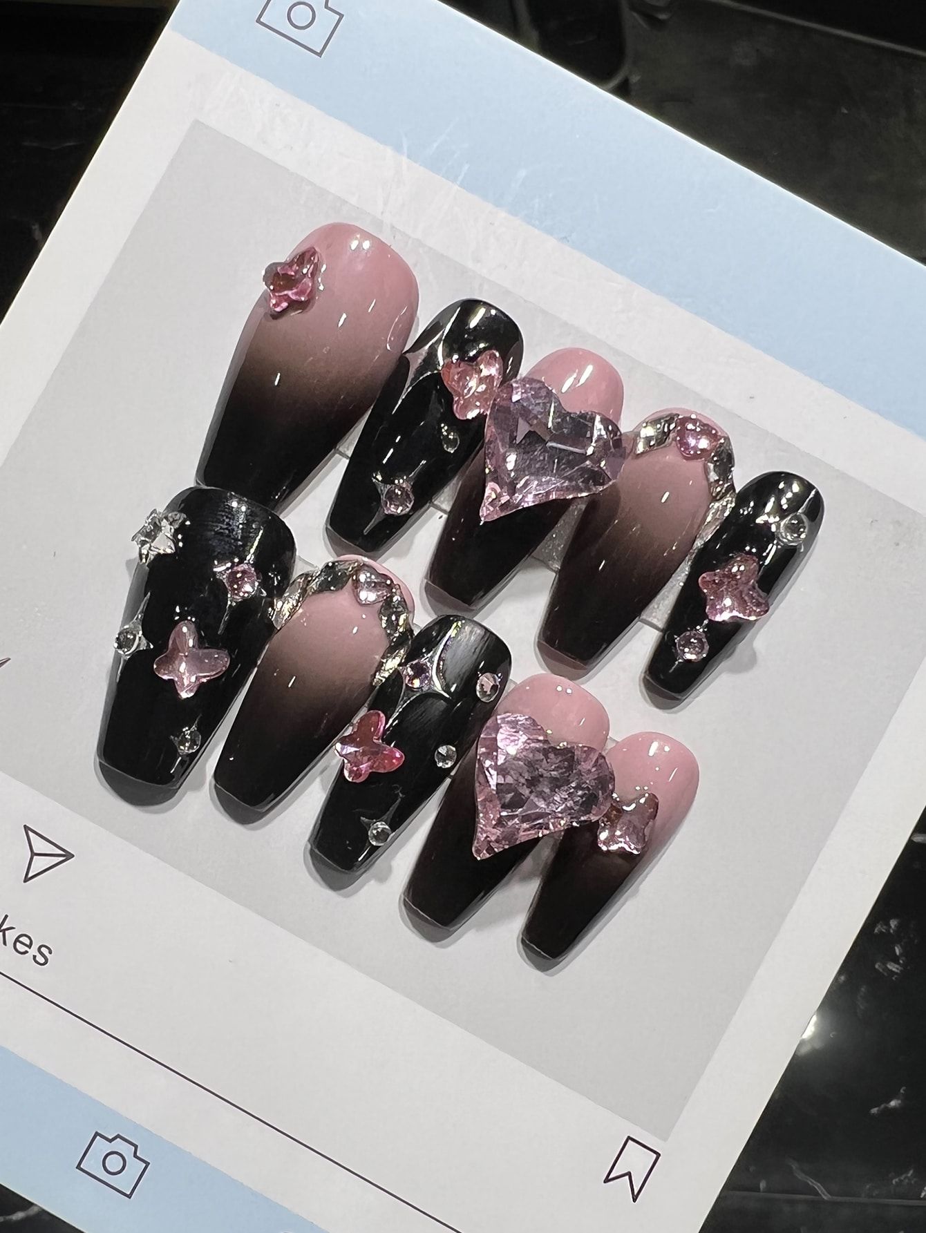 10pcs Short Square Shaped False Nails Y2K Aesthetic Black & Pink Gradient With Rhinestones And Bu... | SHEIN